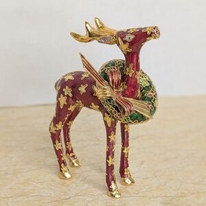 Vintage NYCO Cloisonne Enamel  Maroon Reindeer Gold Star Green Christmas Wreath